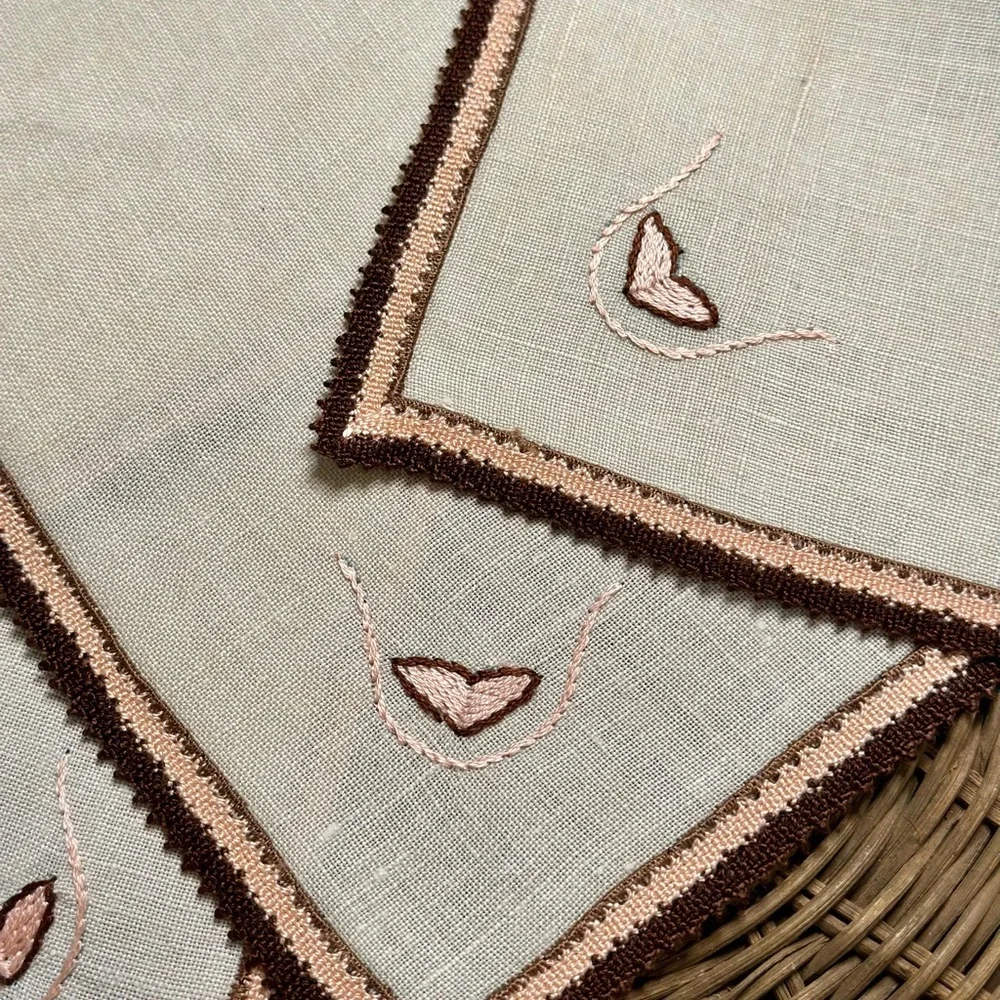 Vintage Embroidered Linen Napkins with Sweet Hearts